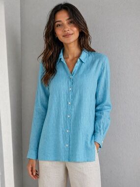 J Jill Love Linen 100% Medium button-down  shirt long-sleeves aqua blue collar